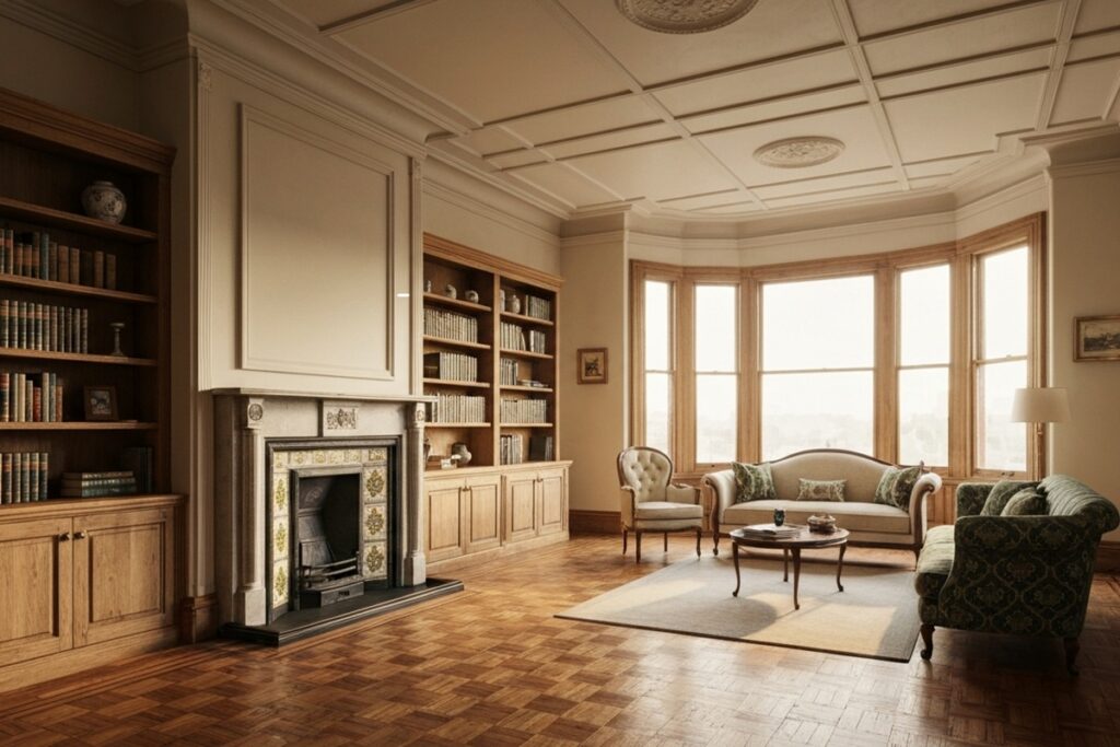 Intérieur spacieux d'une maison d'architecture édouardienne avec boiseries d'époque et grande baie vitrée