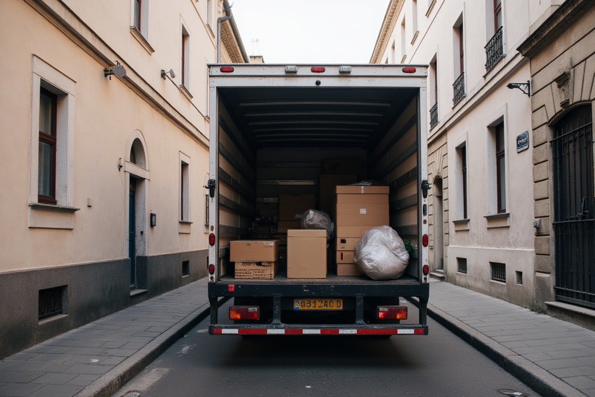 camion de déménagement dans une rue étroite
