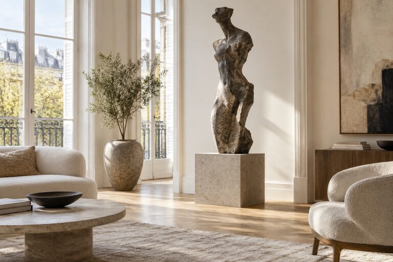 grande sculpture contemporaine dans un salon élégant
