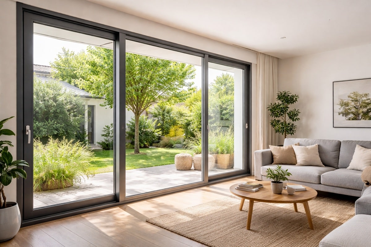salon avec grande baie vitrée en aluminium
