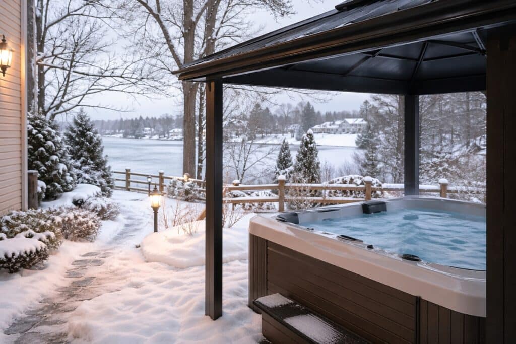 spa dans un jardin sous la neige
