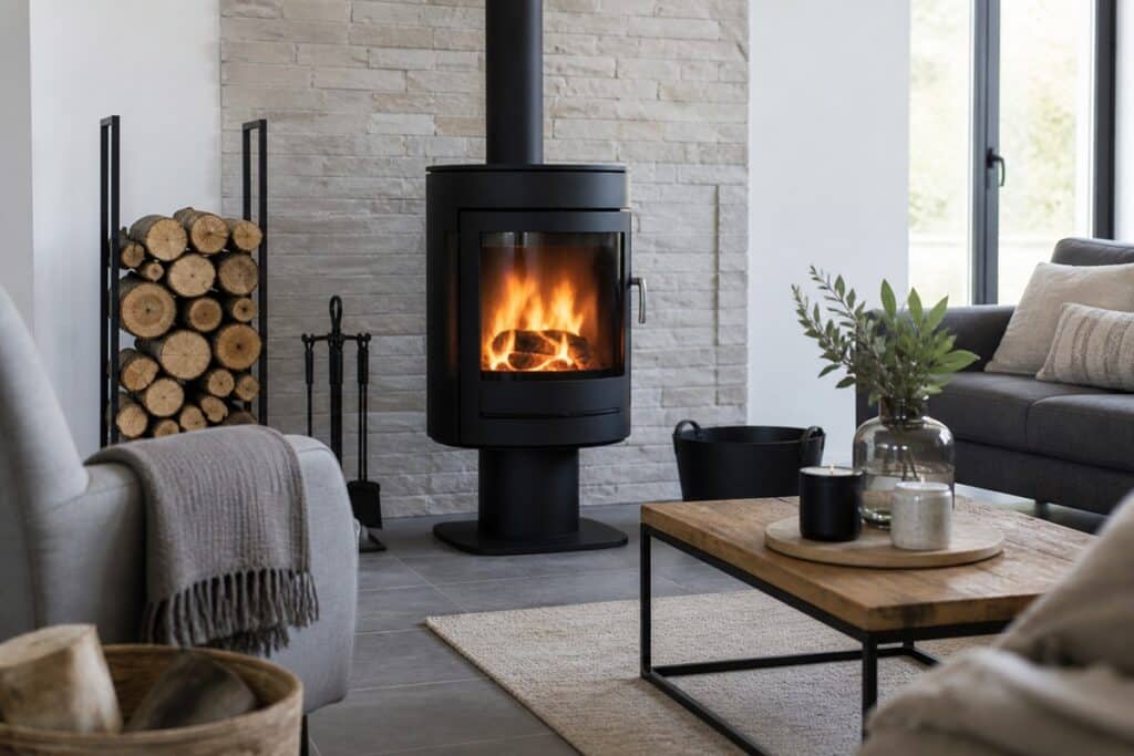 poele à bois avec accessoires et déco bien pensée
