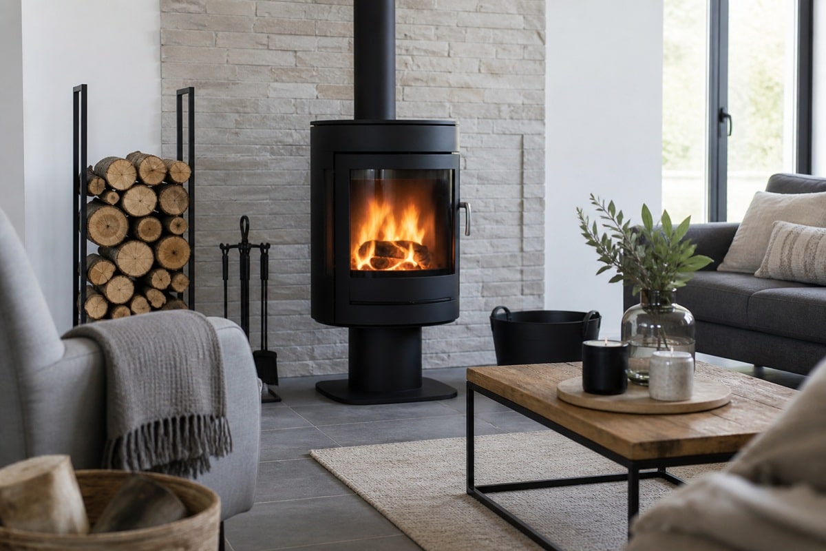 poele à bois avec accessoires et déco bien pensée
