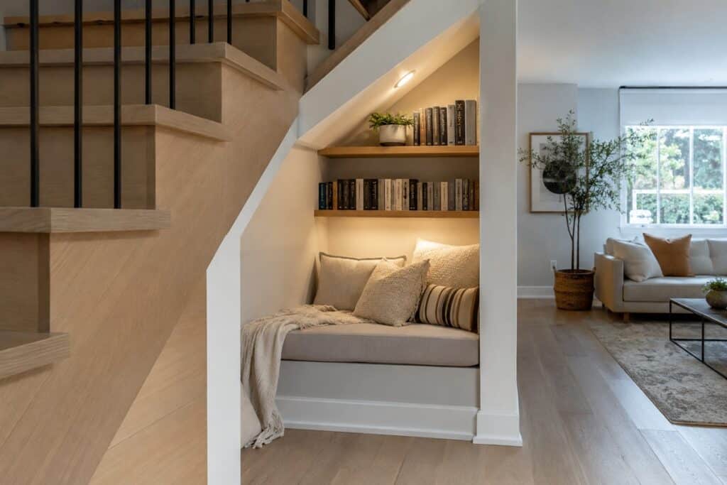 coin lecture aménagé sous un escalier près du salon