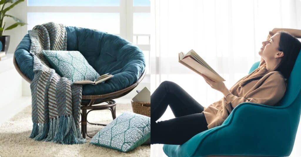 femme lisant un livre dans un fauteuil