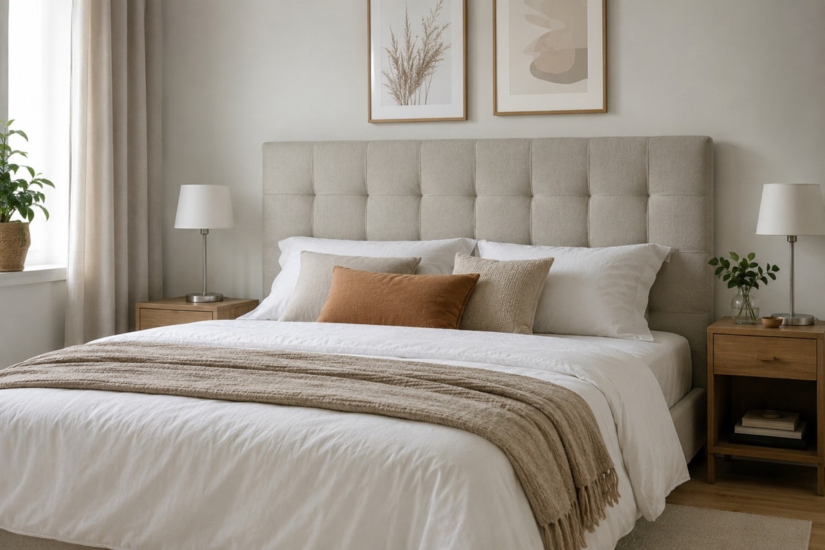 belle chambre avec une tête de lit capitonnée