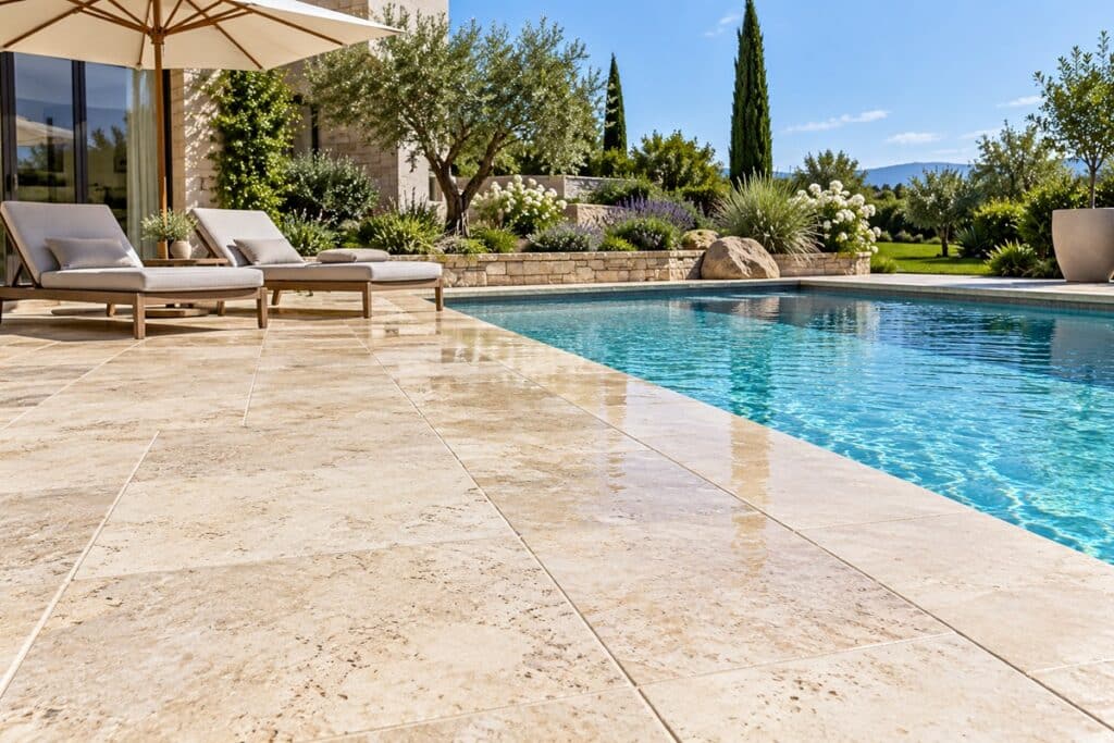 belle plage de piscine en travertin