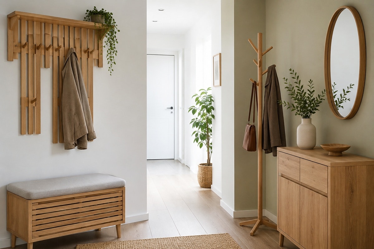 entrée aménagée avec du mobilier en bois naturel