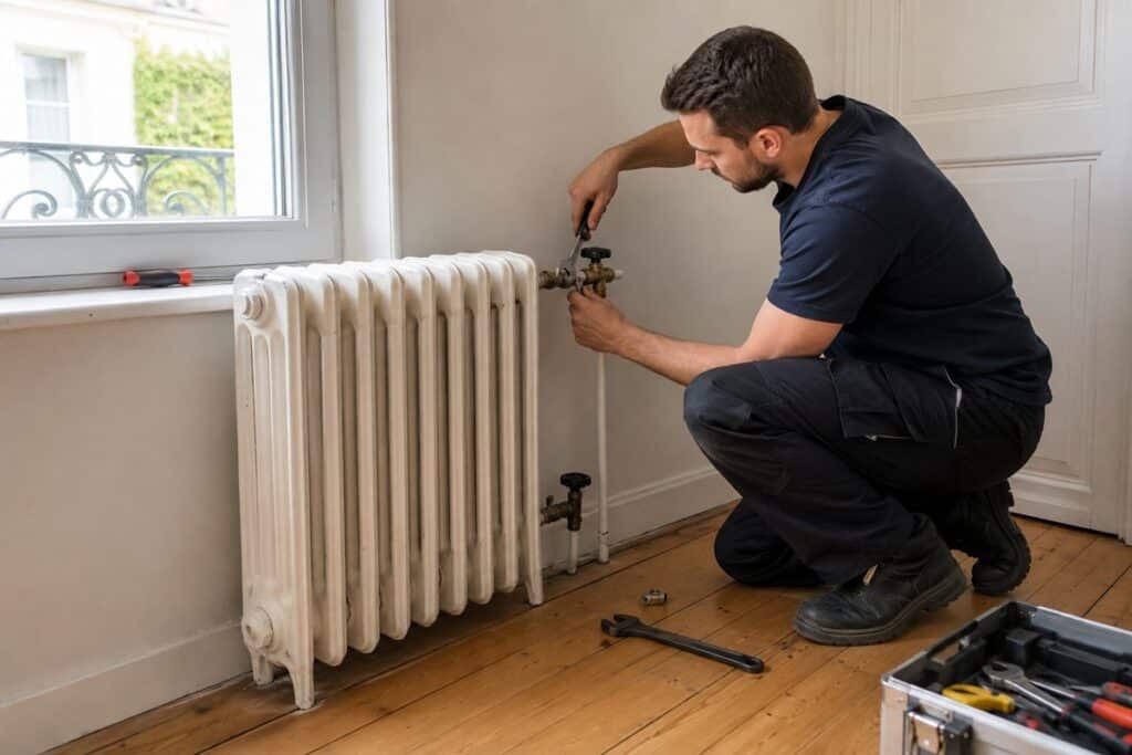 homme installant un radiateur en fonte