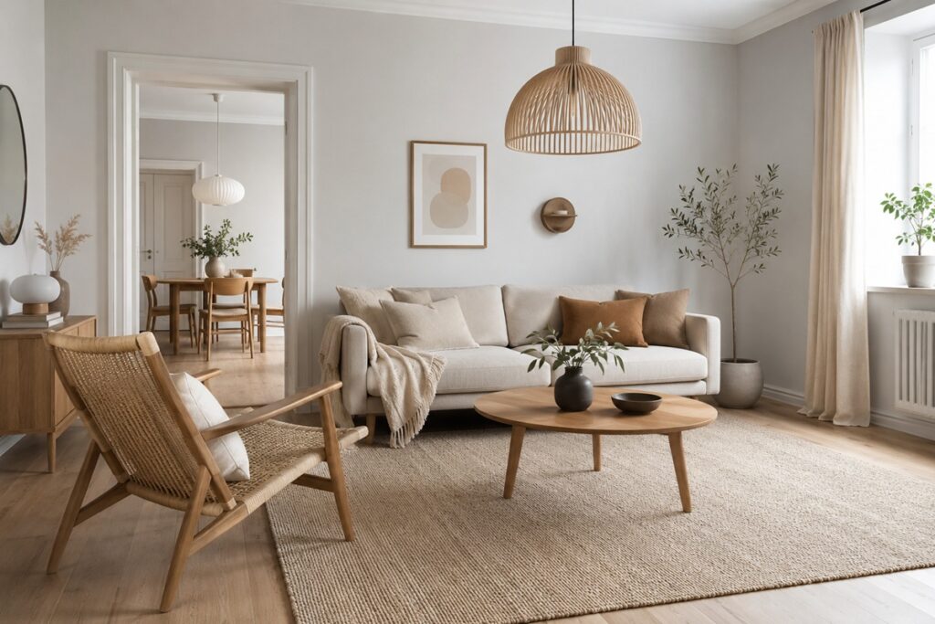salon scandinave avec tapis beige