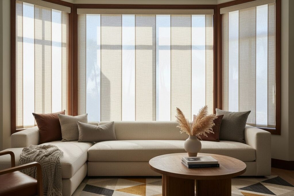 canapé beige devant une baie vitrée avec store californien
