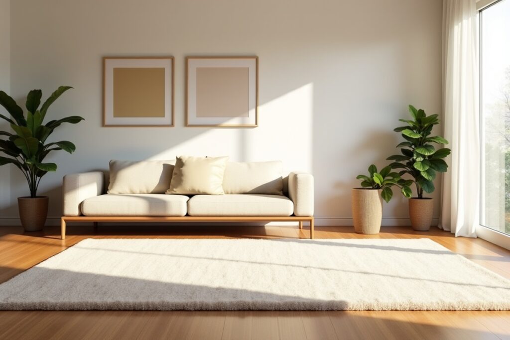 grand tapis beige devant un canapé
