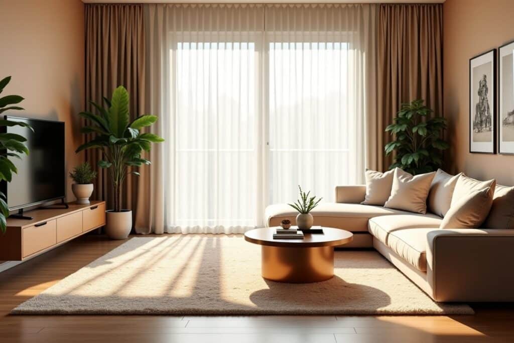 salon avec canapé et tapis beige