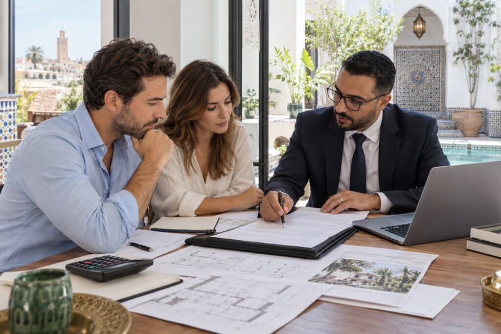 Un couple étudie son projet immobilier au Maroc avec un professionnel