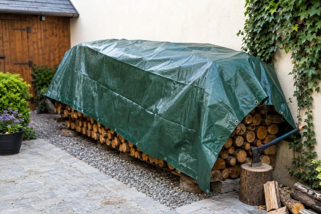 bâche dans le jardin qui recouvre du bois