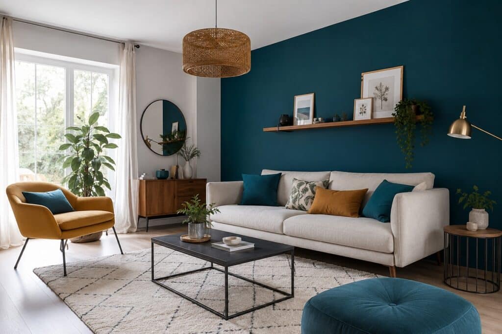 beau salon avec de la couelur bleu canard