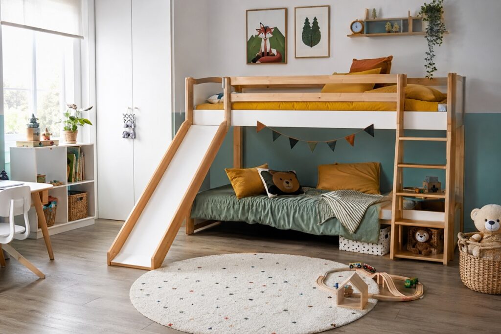 belle chambre d'enfant avec un lit superposé toboggan