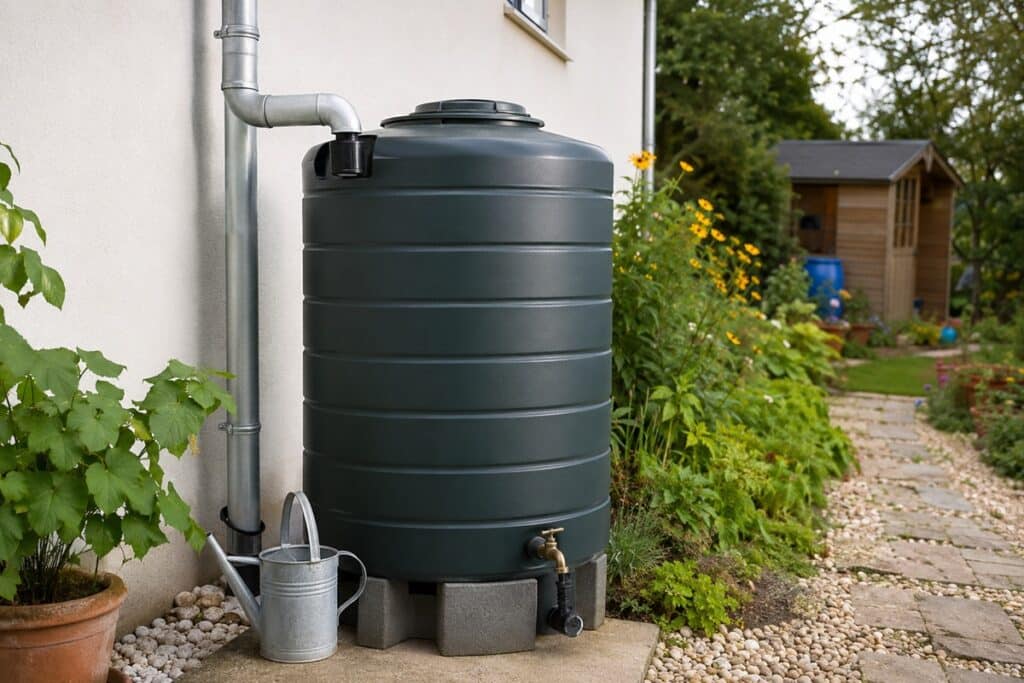 citerne d'eau de pluie dans un jardin