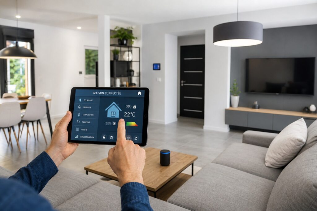 homme qui utilise une tablette pour sa maison connectée