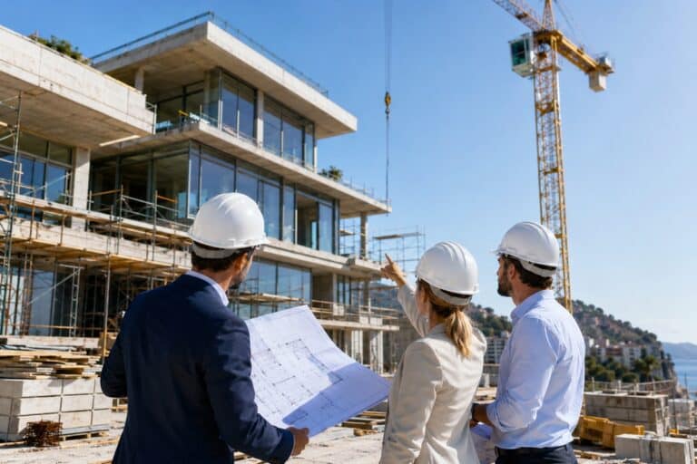 Architectes et chefs de projet supervisant le chantier d’un bâtiment de luxe