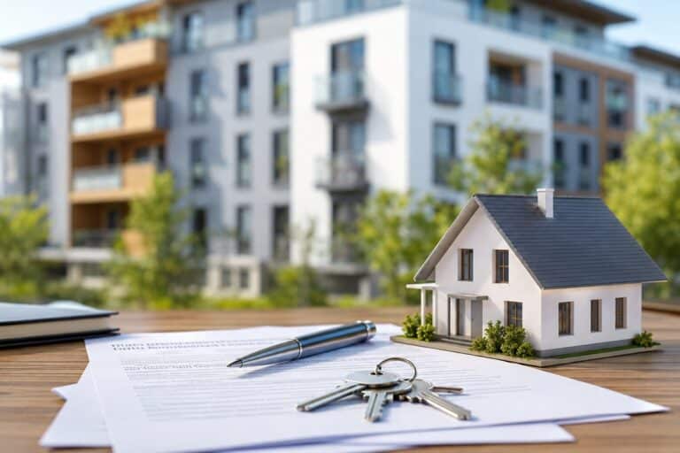 Contrat immobilier, clés et maison miniature devant une résidence moderne