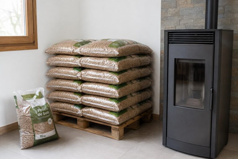 Poêle à granulés avec sacs de pellets stockés pour l’hiver