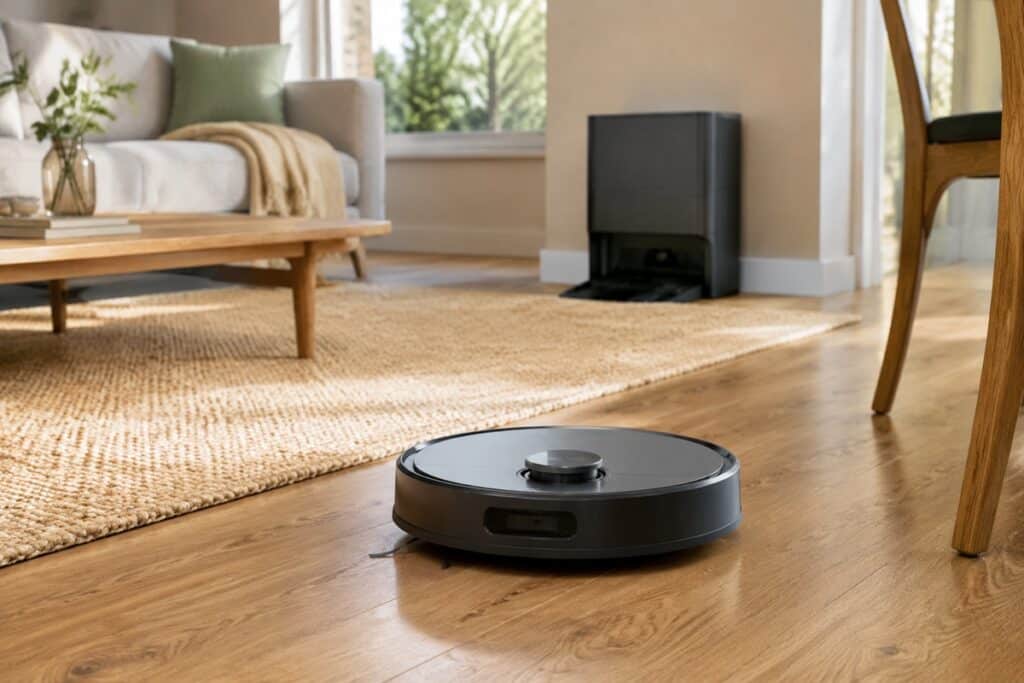 Robot aspirateur laveur dans un salon lumineux