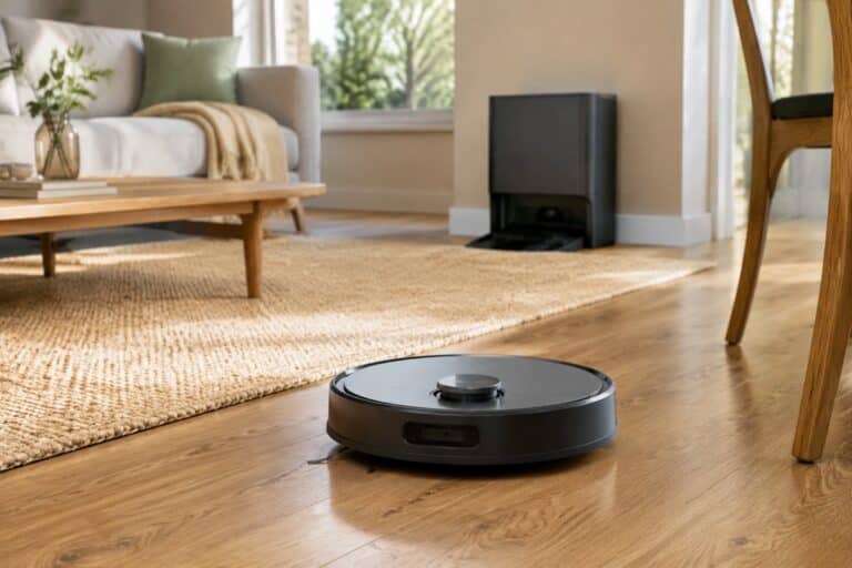 Robot aspirateur laveur dans un salon lumineux