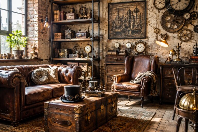 Salon de style steampunk avec mobilier en cuir, bois, engrenages, horloges et objets rétro en laiton
