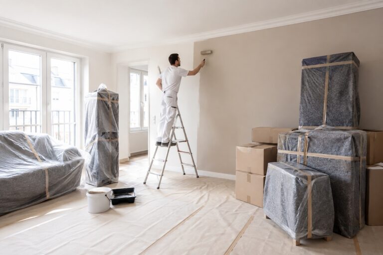 Salon en rénovation avec mobilier protégé