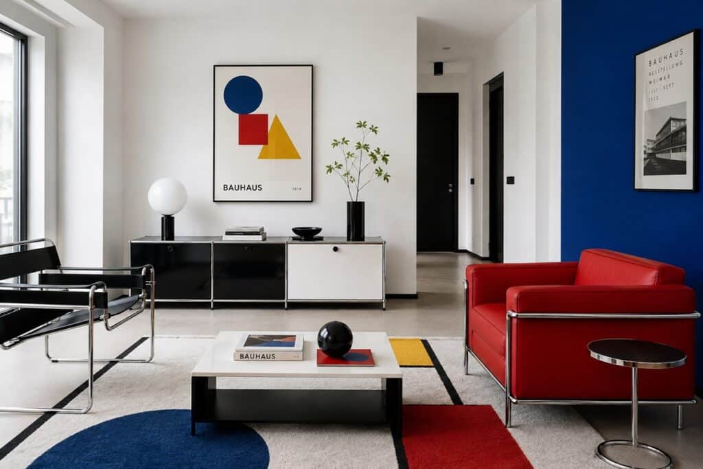 Salon minimaliste d’inspiration Bauhaus aux couleurs primaires