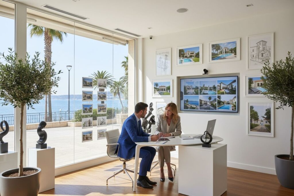 cliente avec un agent immobilier dans une agence de Nice