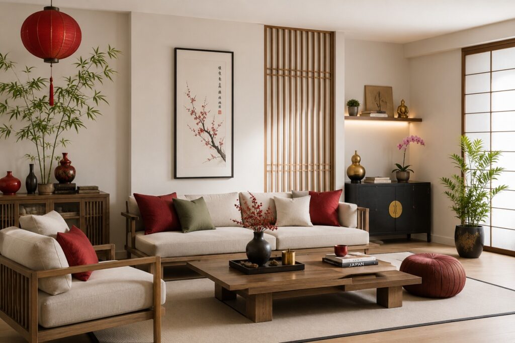 beau salon de style asiatique avec des accents de rouge