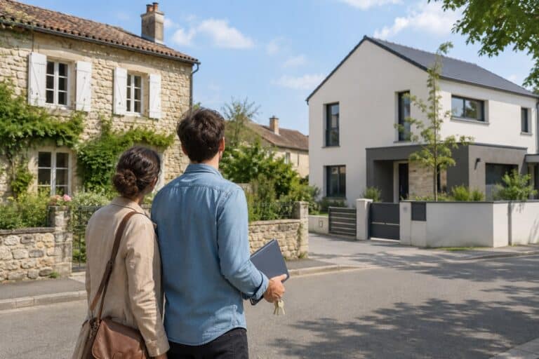 couple de primo-accédants face à une maison ancienne et un logement neuf