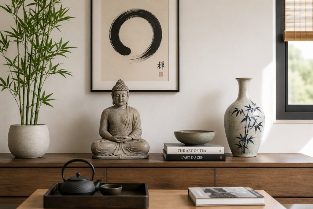 décoration asiatique avec bouddha bambou et vase
