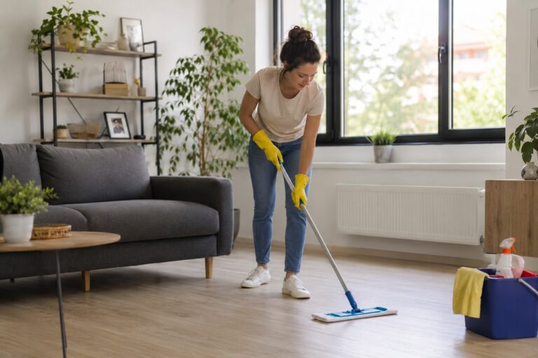 femme qui lave le parquet dans un salon lumineux