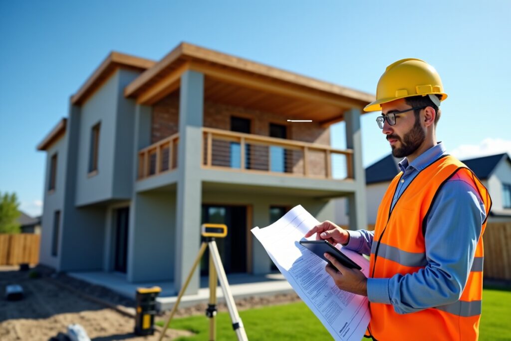 homme avec matériel de mesure devant maison à étage en construction