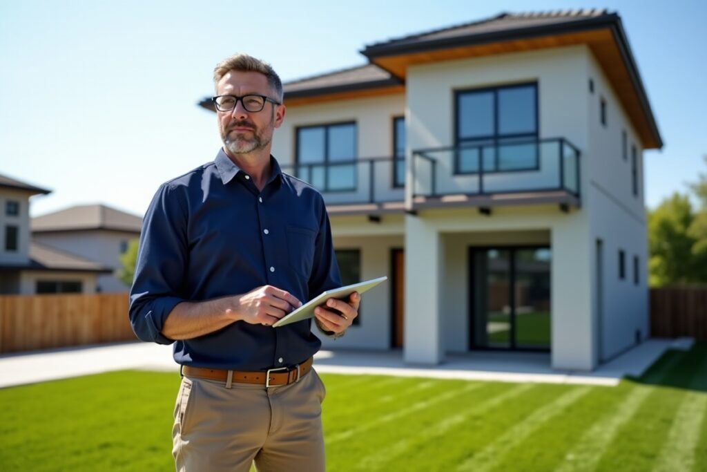 homme avec une tablette devant une maison à un étage