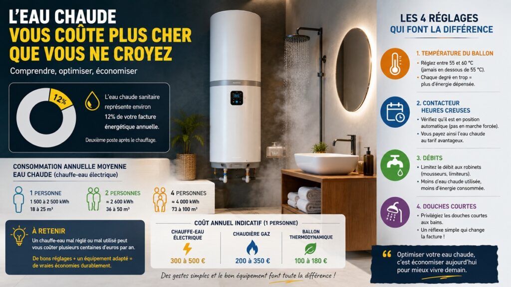 image avec explications et réglages de l'eau chaude chère