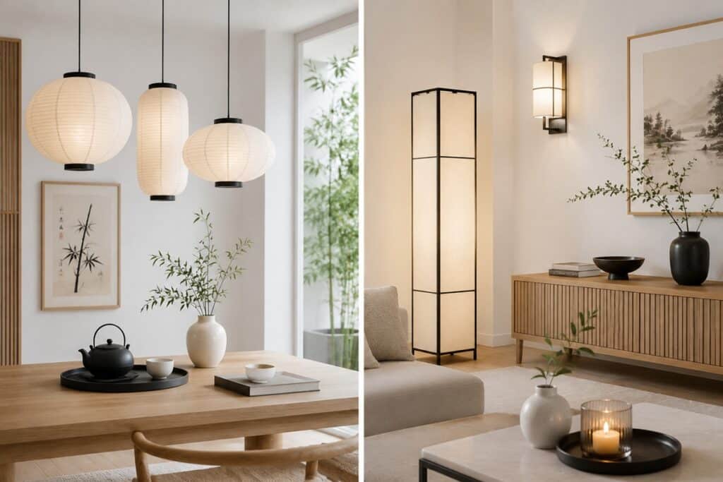 lampions et luminaires dans un intérieur asiatique