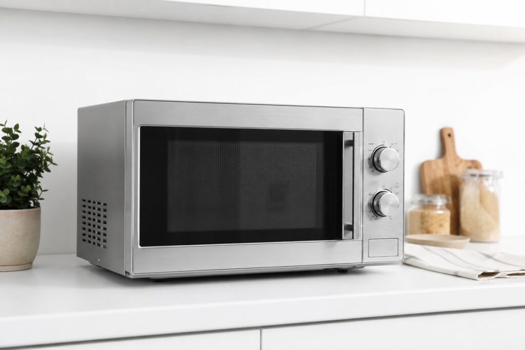 micro-ondes en inox installé sur le plan de travail d’une cuisine moderne