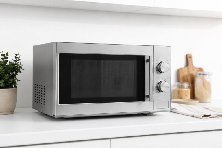 micro-ondes en inox installé sur le plan de travail d’une cuisine moderne