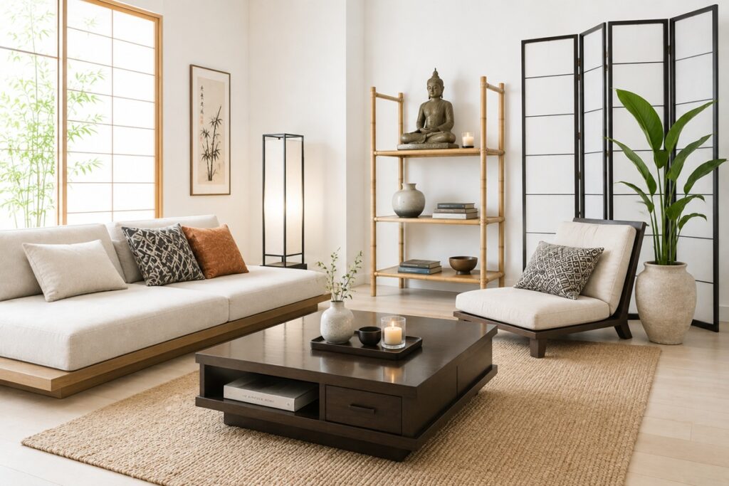 salon contemporain décoré dans le style asiatique