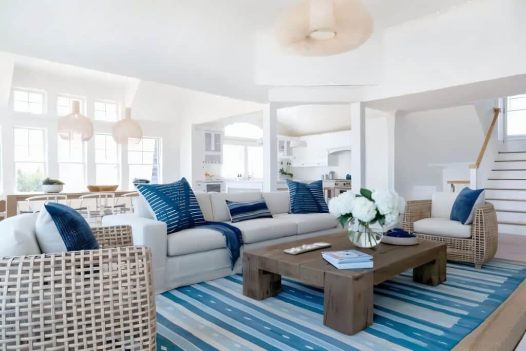 salon de style bord de mer avec mobilier osier et couleurs bleu et blanc
