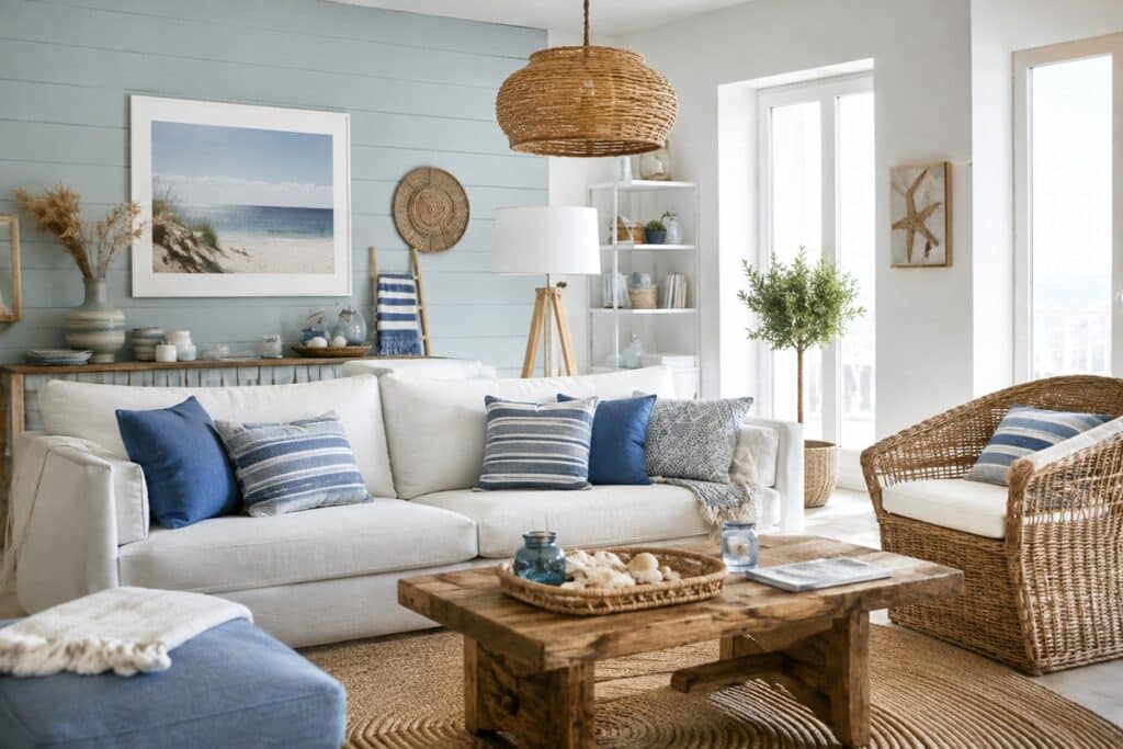 salon décoré dans le style bord de mer avec des teintes bleu et blanc