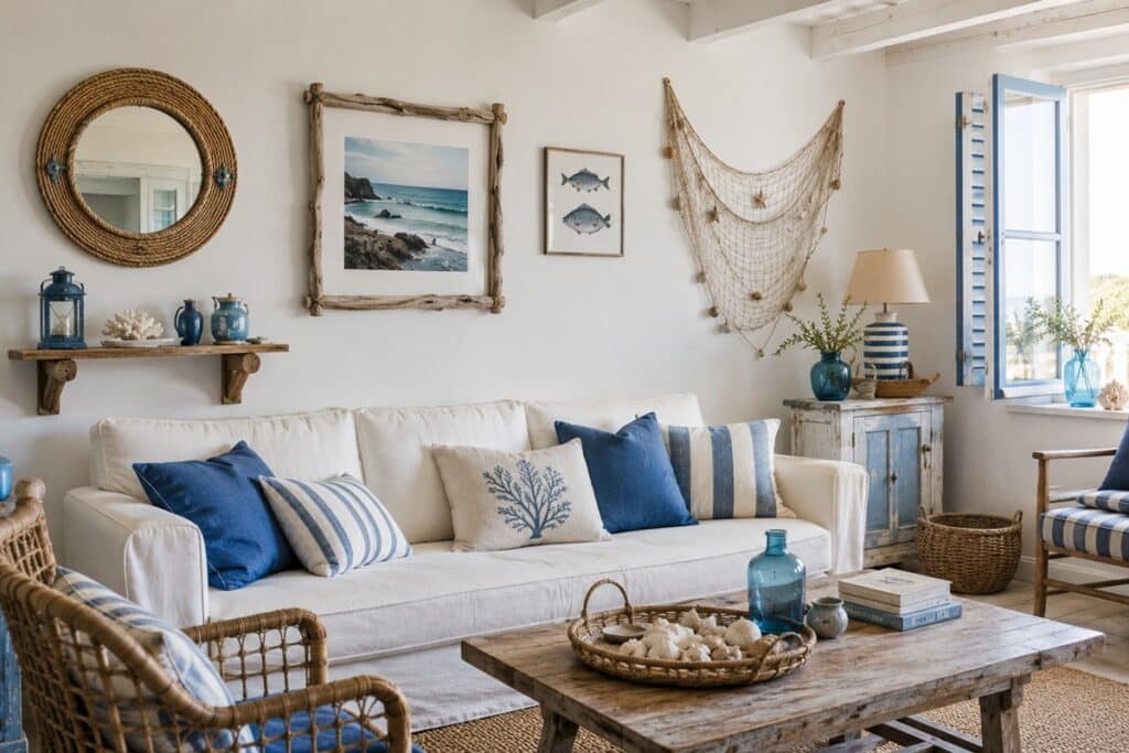 salon lumineux dans les tons bleu et blanc décoré avec des accessoires bord de mer