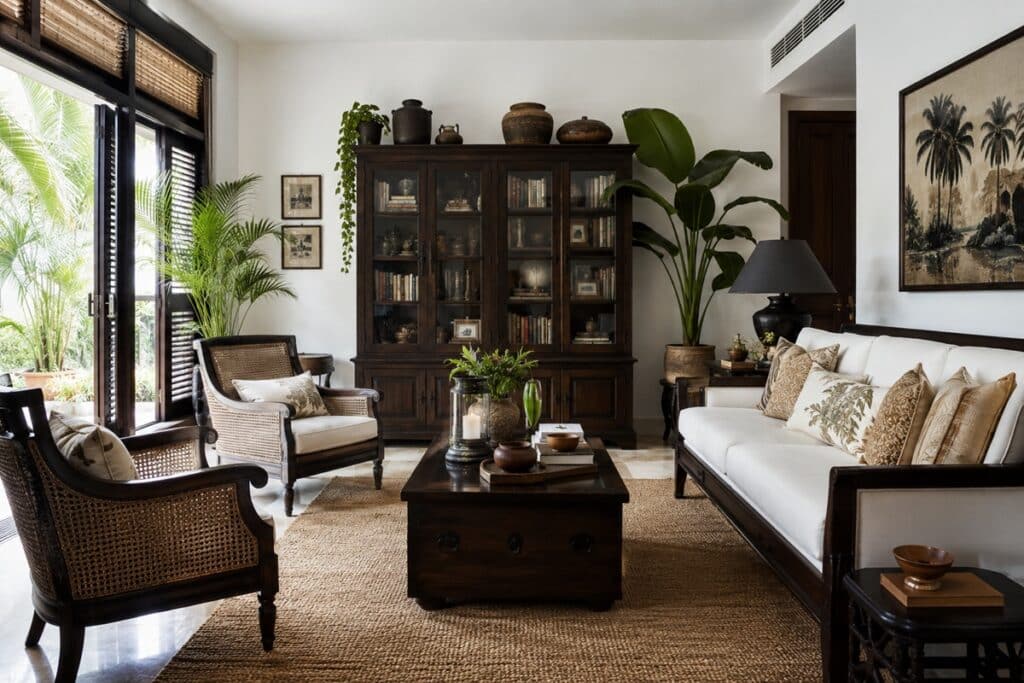 mobilier sombre et murs clairs de style colonial
