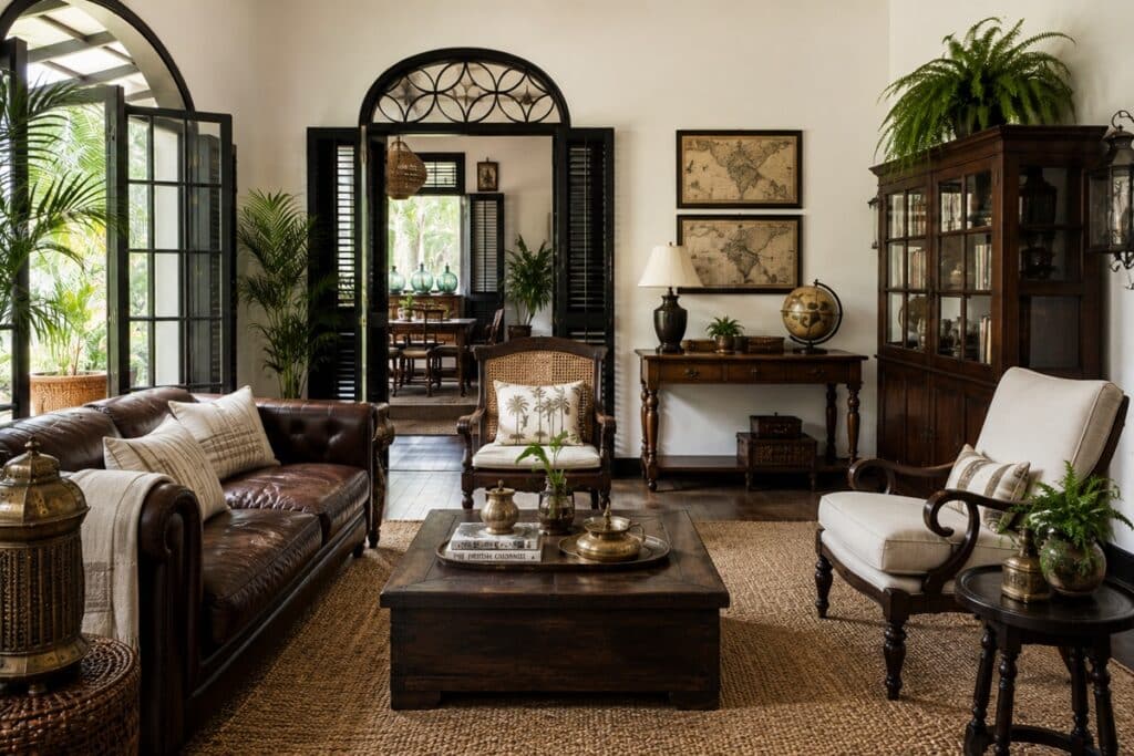 Salon colonial chaleureux aux accents vintage