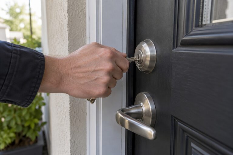Clé dans la serrure d’une porte sombre