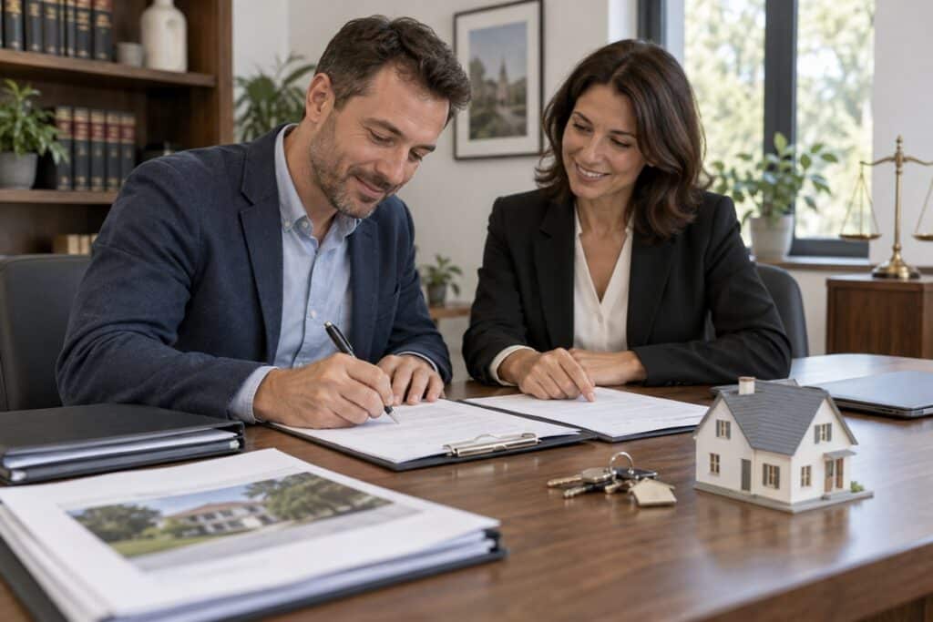 Signature d’un document immobilier chez le notaire pour lever une hypothèque